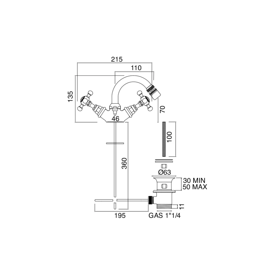 Misturador para bidê vintage de furo único em latão fabricado na Itália - Elisea Viadurini