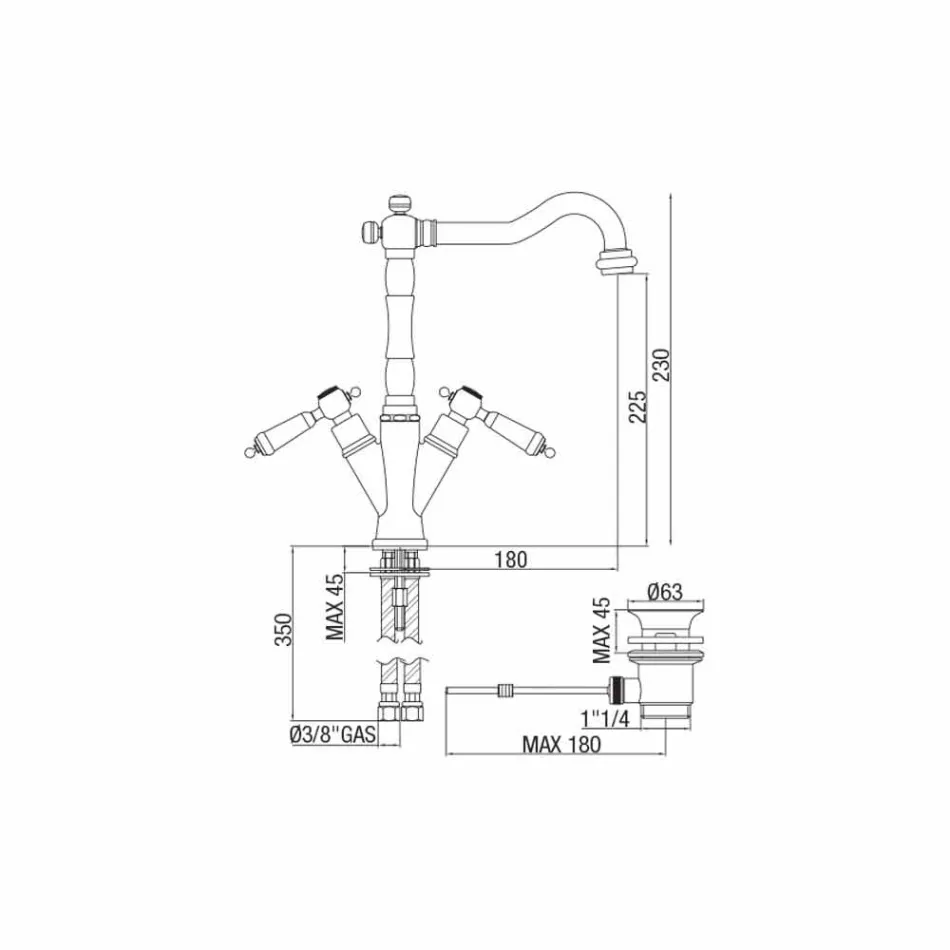 Misturador Monofuro para Lavatório Clássico em Latão Fabricado na Itália - Shelly Viadurini