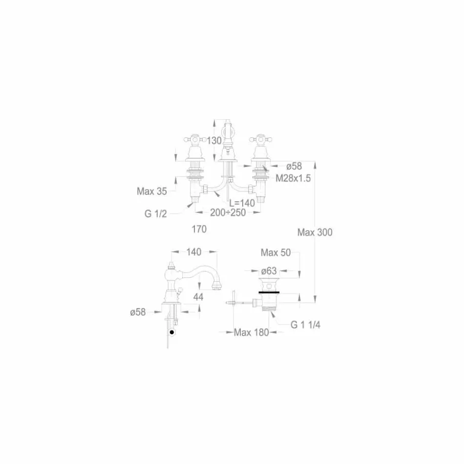 Misturador para lavatório com 3 furos de 130 mm de altura em latão feito na Itália - Binsu Viadurini