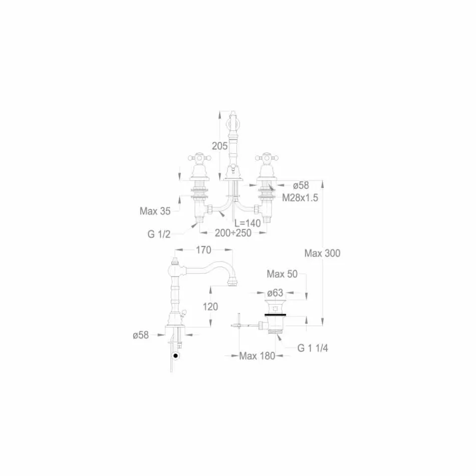 Misturador moderno para pia de banheiro de latão com três furos feito na Itália - Binsu Viadurini