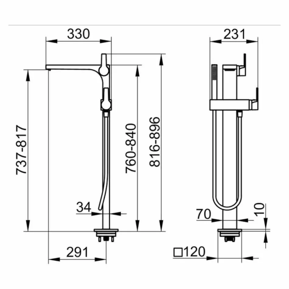 Misturador para banheira moderna com chuveiro de mão e mangueira flexível - Etto Viadurini