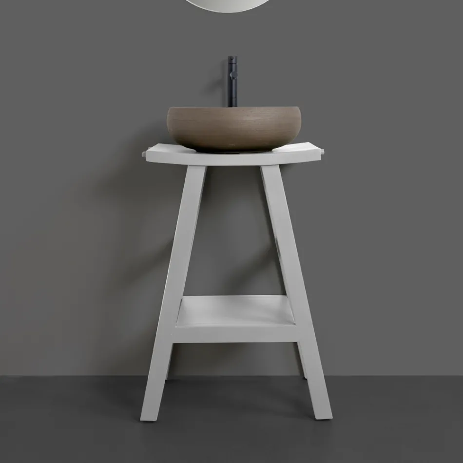 Móveis de Banheiro com Acabamento em Madeira e Tampo Semi Curvo Cinza - Raomi Viadurini