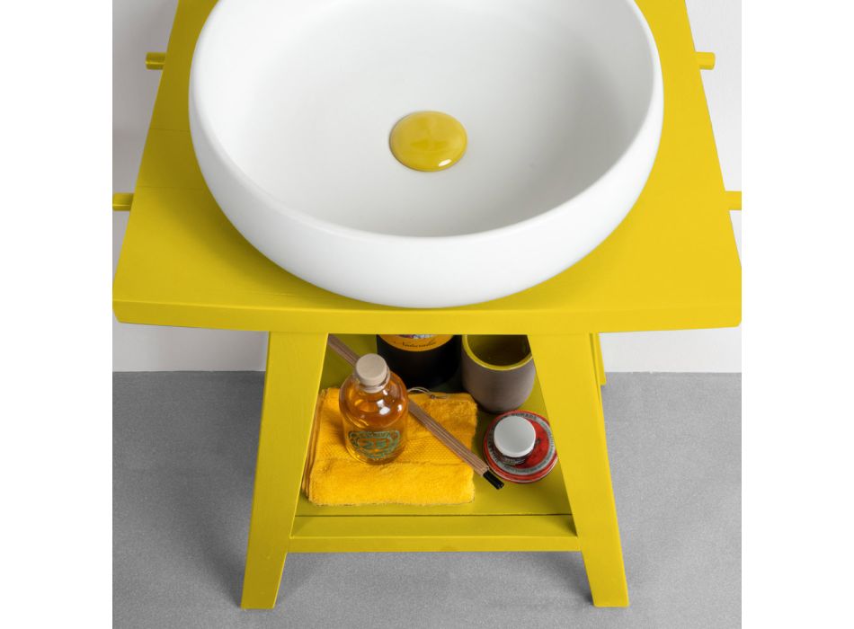 Móveis de banheiro de teca recuperada com tampo semicurvado amarelo - Raomi Viadurini