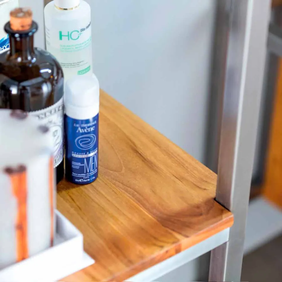 Gabinete de Banheiro Coluna em Teca e Aço com 4 Prateleiras Abertas - Tamburino Viadurini