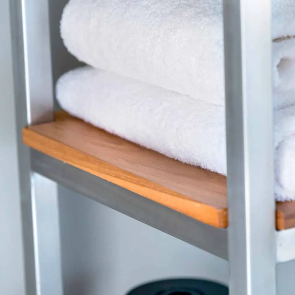 Gabinete de Banheiro Coluna em Teca e Aço com 4 Prateleiras Abertas - Tamburino Viadurini