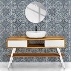 Armário de banheiro branco de design moderno em teca natural com gavetas brancas - Hamadou Viadurini