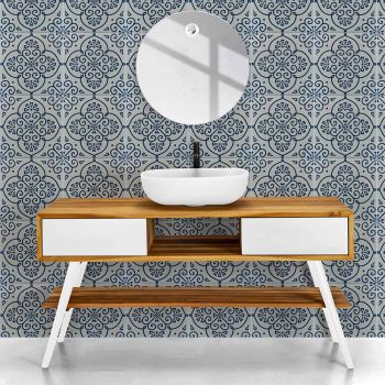 Armário de banheiro branco de design moderno em teca natural com gavetas brancas - Hamadou