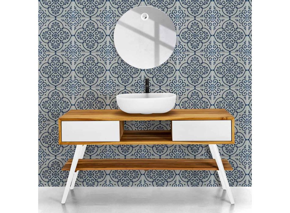 Armário de banheiro branco de design moderno em teca natural com gavetas brancas - Hamadou