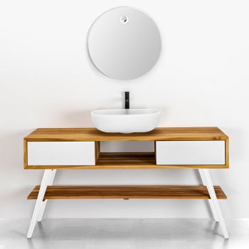 Armário de banheiro branco em teca natural design moderno com gavetas brancas - Hamadou