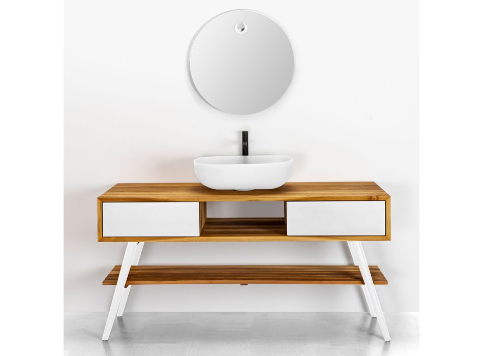 Armário de banheiro branco em teca natural design moderno com gavetas brancas - Hamadou Viadurini