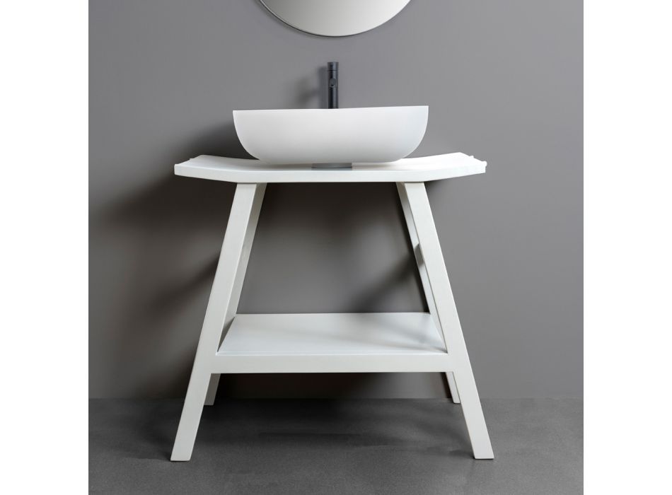 Armário de banheiro de design de teca recuperado com tampo e suporte brancos - Crina Viadurini