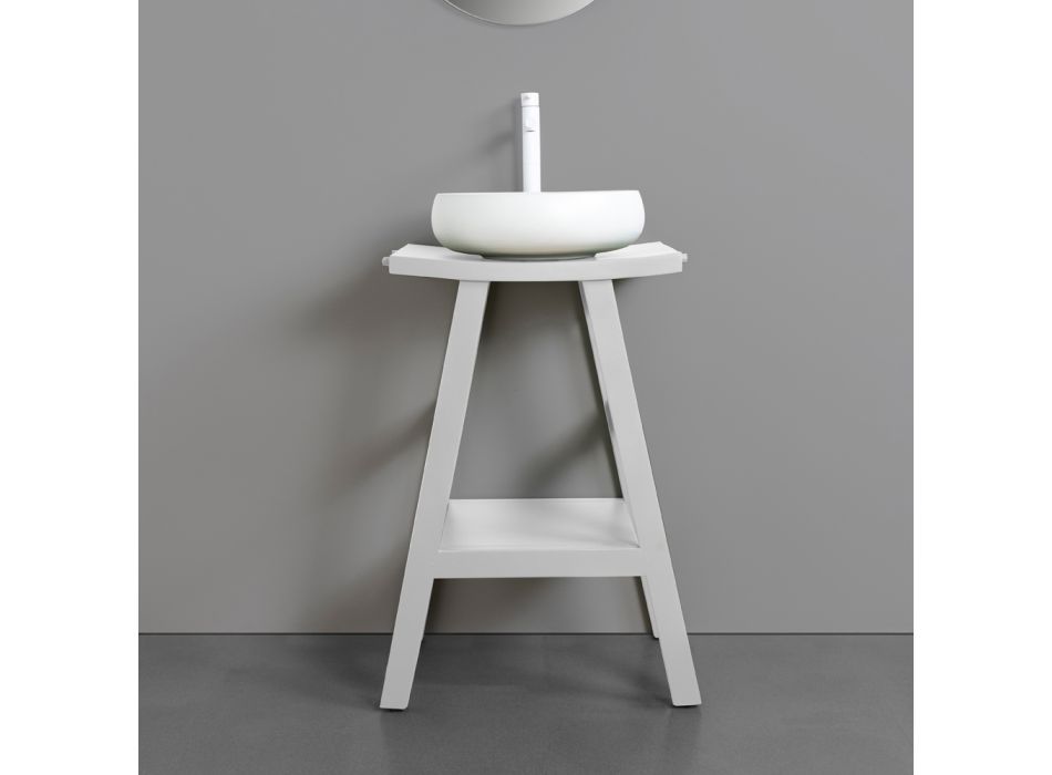 Armário de banheiro de design em teca natural com tampo e suporte branco fosco - Raomi Viadurini