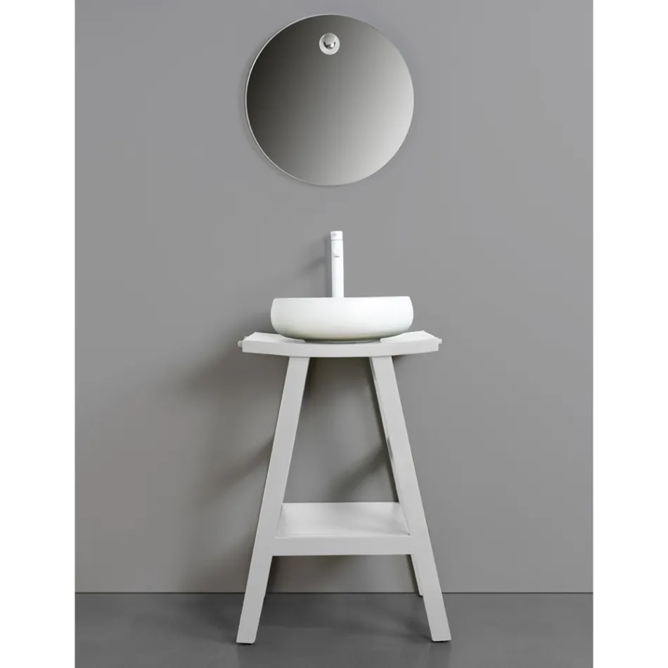 Armário de banheiro de design em teca natural com tampo e suporte branco fosco - Raomi Viadurini