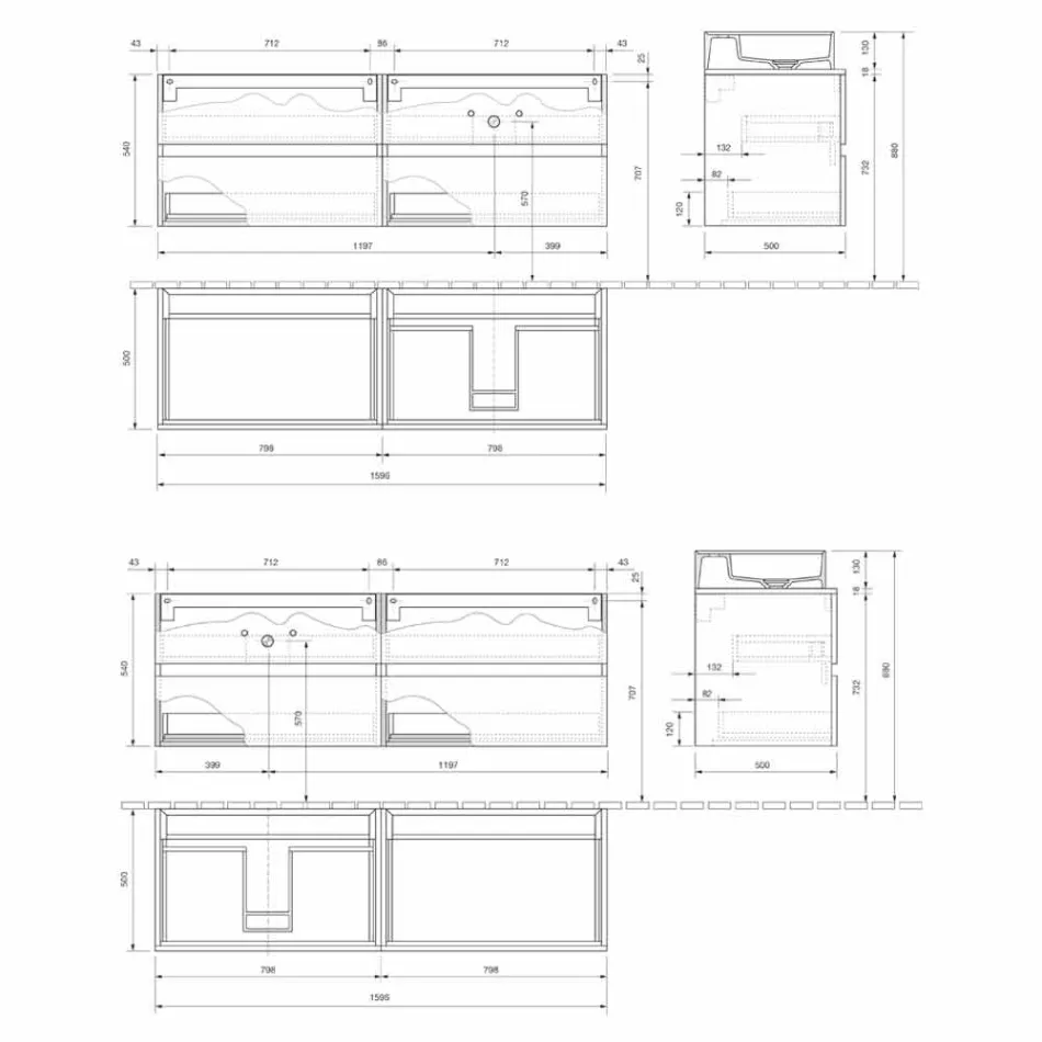 Gabinete de banheiro de design moderno com lavatório de bancada direita ou esquerda 4 acabamentos - Alchimeo Viadurini