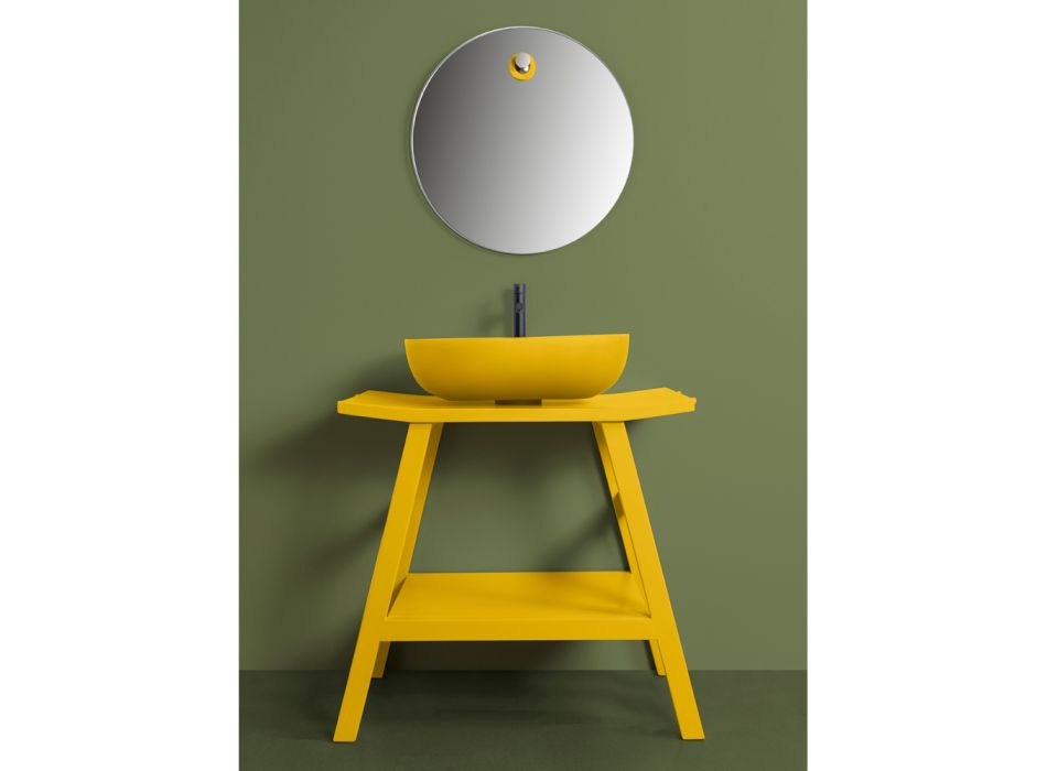 Armário de banheiro em teca amarela com tampo semi-curvado e prateleira conveniente - Crina Viadurini