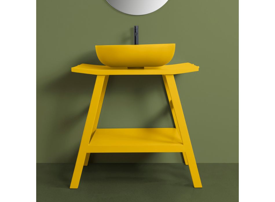 Armário de banheiro em teca amarela com tampo semi-curvado e prateleira conveniente - Crina