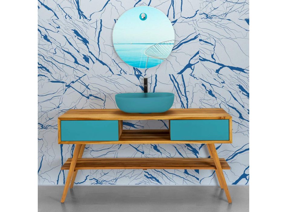 Armário de banheiro moderno em teca natural com gaveta de cor azul - Hamadou Viadurini