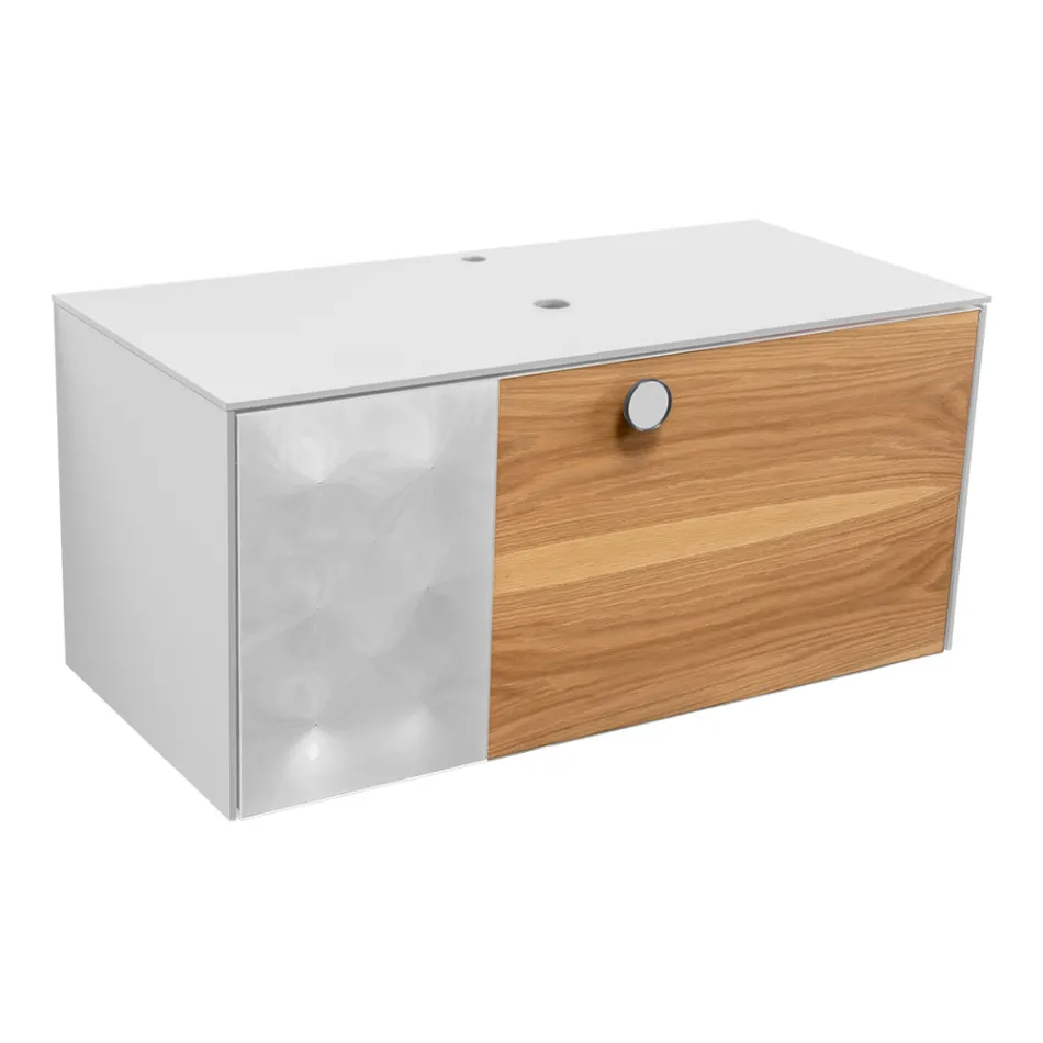 Móvel de banheiro suspenso de 100 cm em vidro temperado de 8 mm e carvalho europeu - Excelsior Viadurini