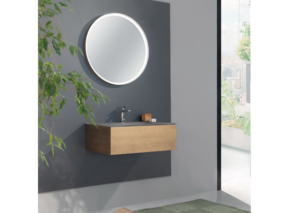 Gabinete de Banheiro Suspenso com Espelho em Metal, Madeira e Cristal Luxo - Renga Viadurini