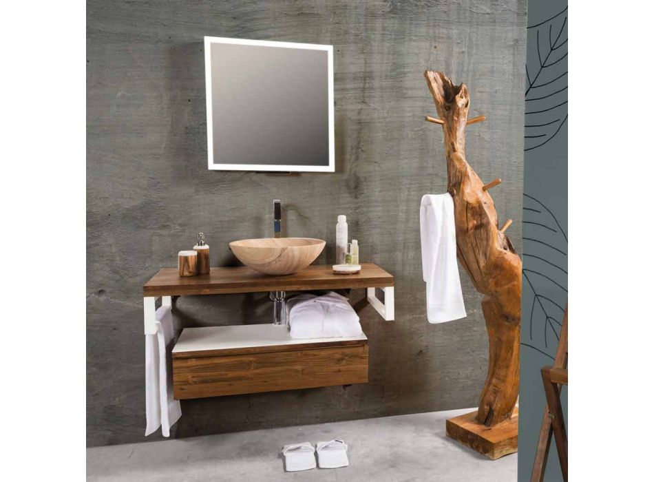 Gabinete de banheiro suspenso em teca com porta toalha em branco Hi Macs® - Saverno Viadurini