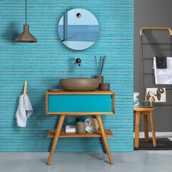 Armário de banheiro azul de piso em teca natural com gaveta colorida - Gatien