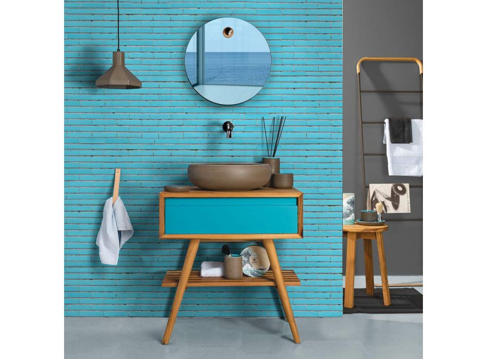 Armário de banheiro azul de piso em teca natural com gaveta colorida - Gatien Viadurini