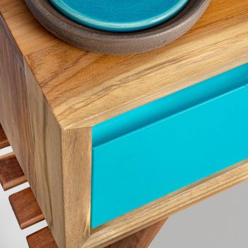 Armário de banheiro azul de piso em teca natural com gaveta colorida - Gatien