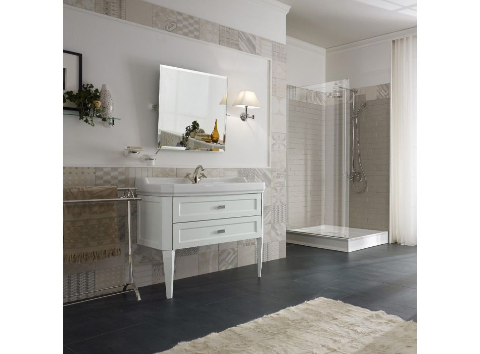Armário de banheiro com duas gavetas e lavatório de cerâmica fabricado na Itália - Roma Viadurini
