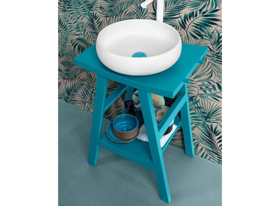 Armário de banheiro de teca com tampo semi-curvado e prateleira azul conveniente - Raomi Viadurini