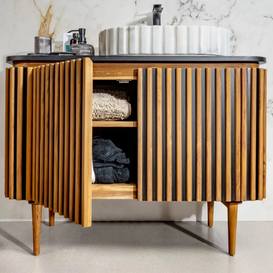 Armário de banheiro feito à mão em teca maciça e mogno - Heliconia Viadurini