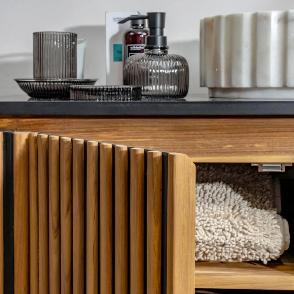 Armário de banheiro feito à mão em teca maciça e mogno - Heliconia Viadurini