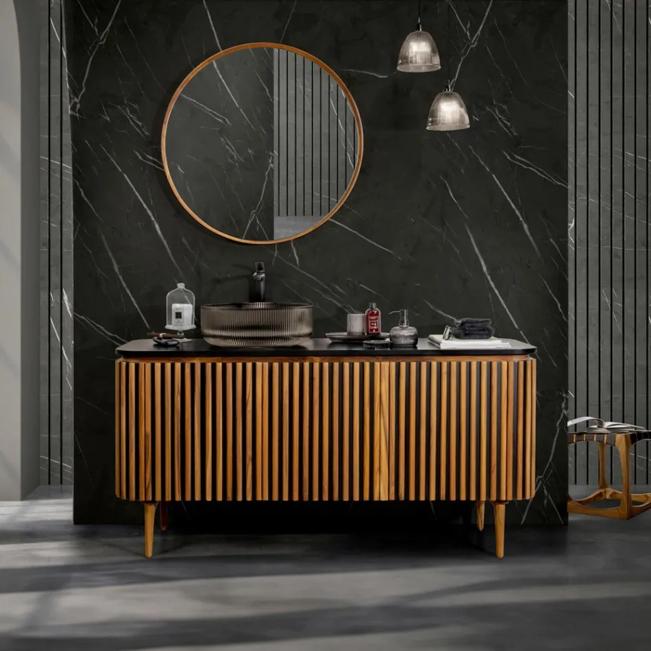 Armário de banheiro feito à mão em teca maciça e mogno - Heliconia Viadurini