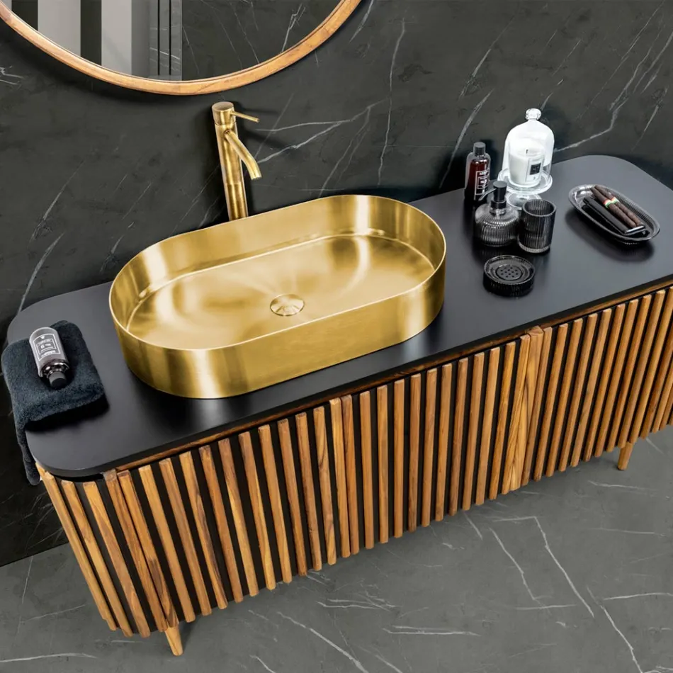 Armário de banheiro feito à mão em teca maciça e mogno - Heliconia Viadurini