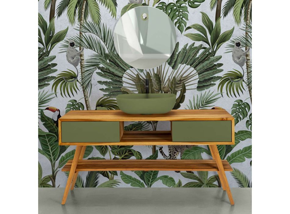 Armário de banheiro de teca natural com cômoda de cor verde - Hamadou