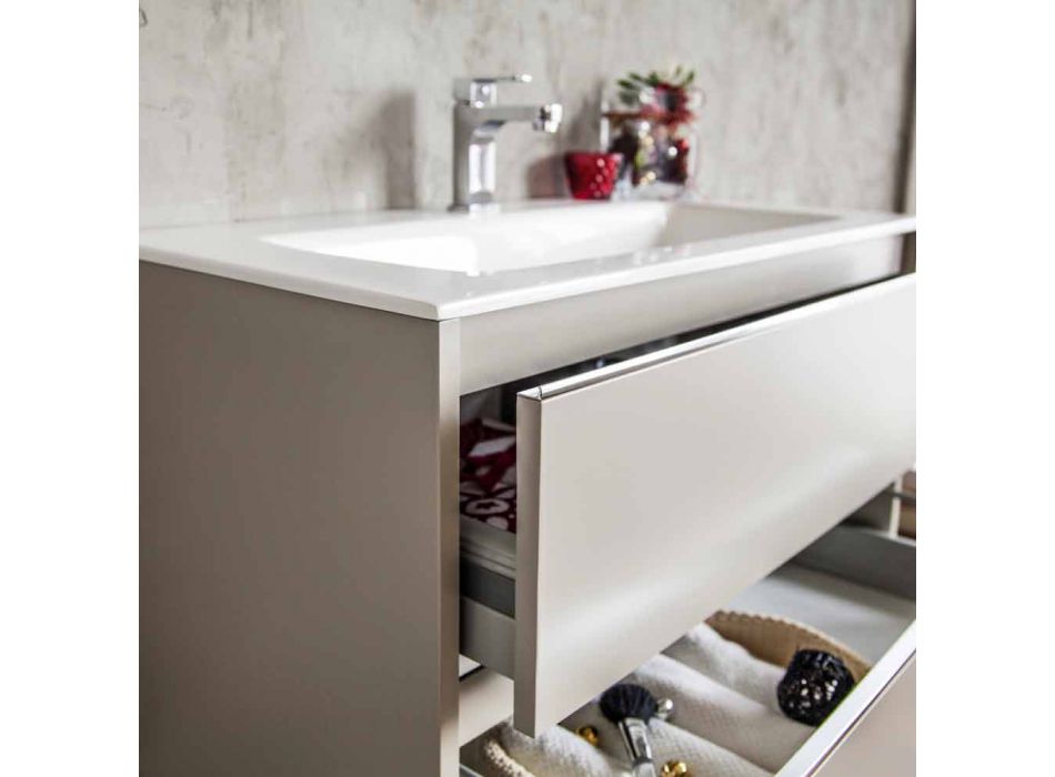 Lavatório de Banheiro Cinza Dove em Madeira e Resina com Espelho Design - Alfonso Viadurini