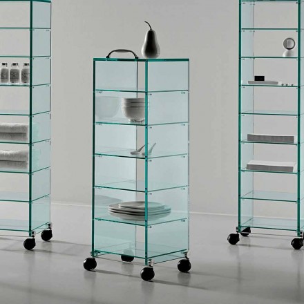Gabinete Multiuso com Rodas de Vidro Transparente com Prateleiras 3,6,8 ou 10 - Versatilio Viadurini