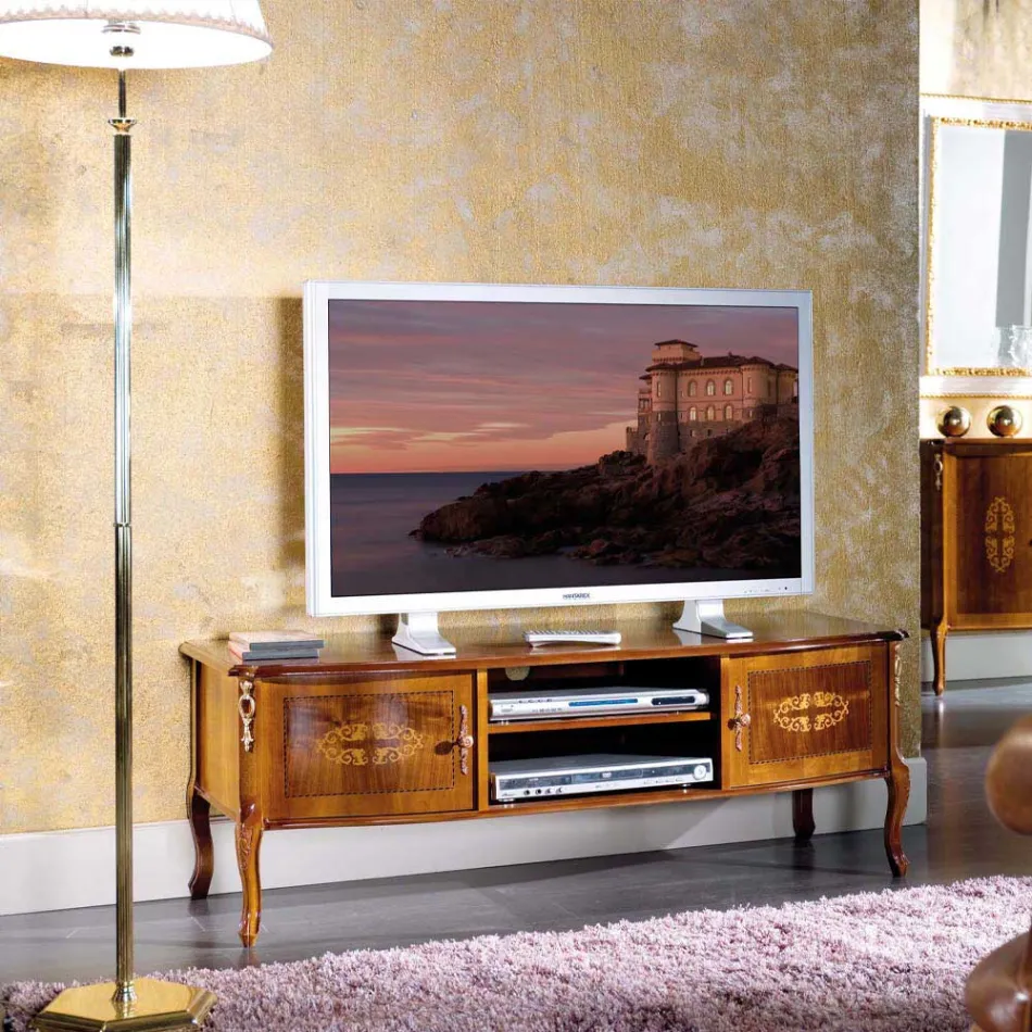Suporte de TV de madeira clássico com incrustações feito na Itália - Katerine Viadurini