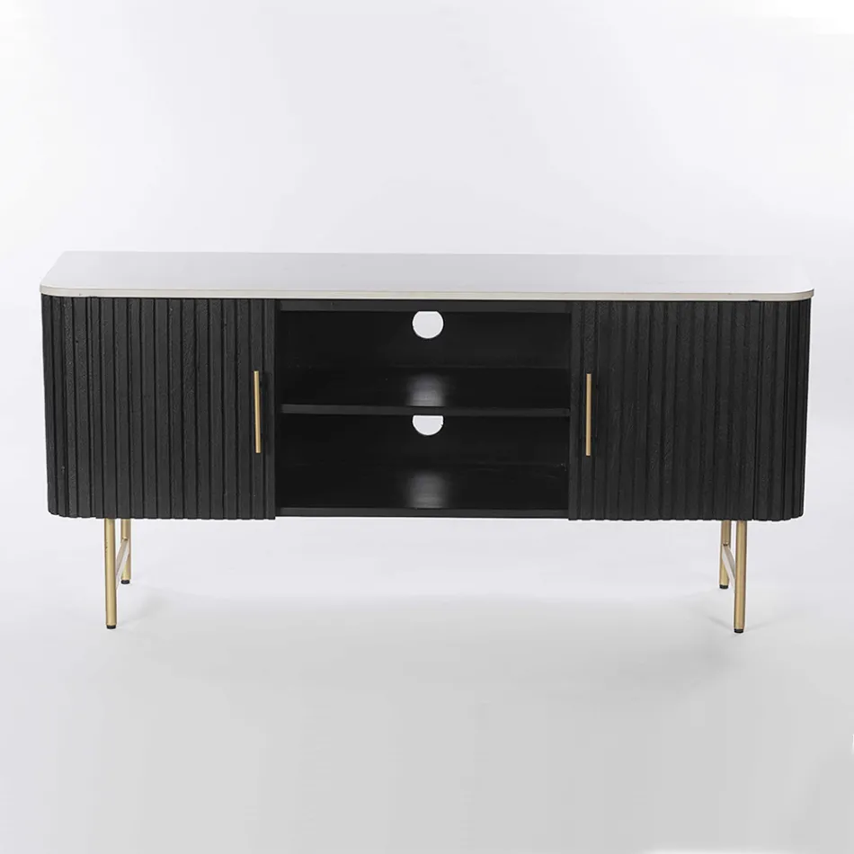 Suporte para TV com tampo em mármore e estrutura em madeira de manga - Fisherman Viadurini