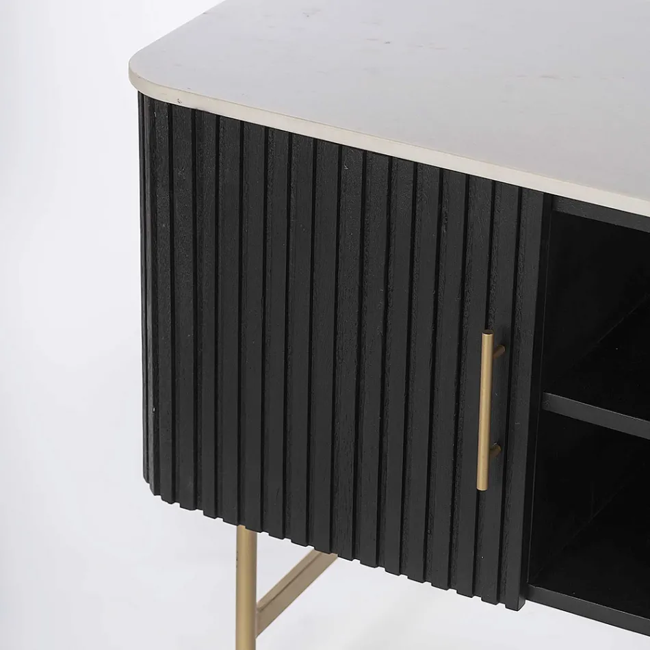 Suporte para TV com tampo em mármore e estrutura em madeira de manga - Fisherman Viadurini