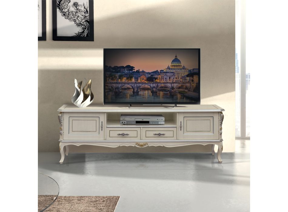 Armário de TV de luxo em madeira branca e prata feito na Itália - Cheverny Viadurini