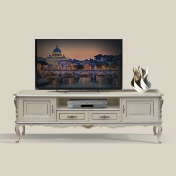 Armário de TV de luxo em madeira branca e prata feito na Itália - Cheverny