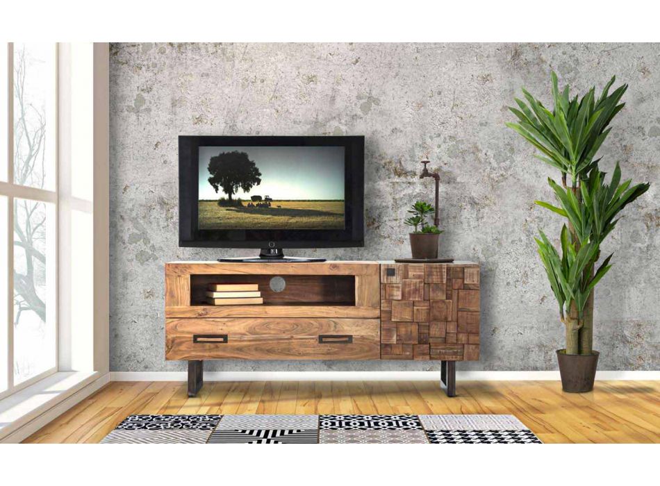 Armário para TV moderno em ferro e madeira de acácia com gaveta e porta - Deanna Viadurini