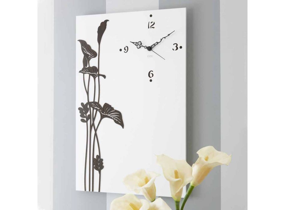Relógio de parede retangular moderno em madeira com desenho decorado branco - Croco Viadurini