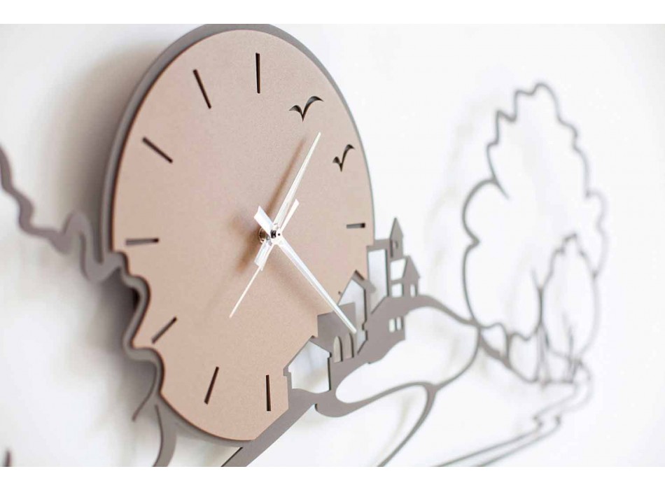 Relógio de parede com paisagem em ferro preto ou lama fabricado na Itália - Paesello Viadurini