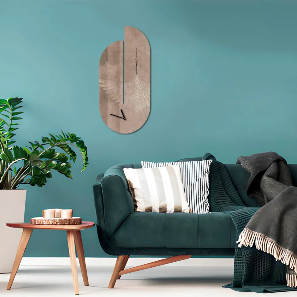 Relógio de madeira com estampa de garça fabricado na Itália - Palau Viadurini