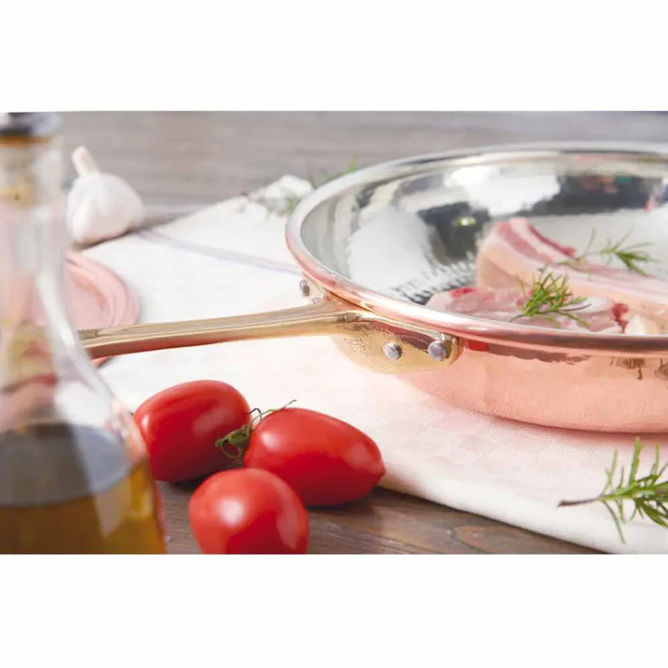 Frigideira redonda em cobre estanhado à mão com cabo e tampa de 32 cm - Gianluigi Viadurini