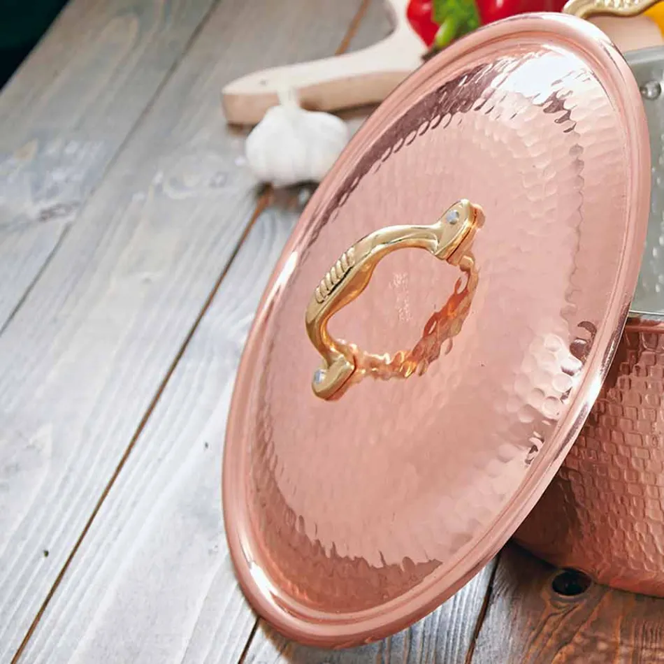 Frigideira redonda em cobre estanhado à mão com cabo e tampa de 32 cm - Gianluigi Viadurini