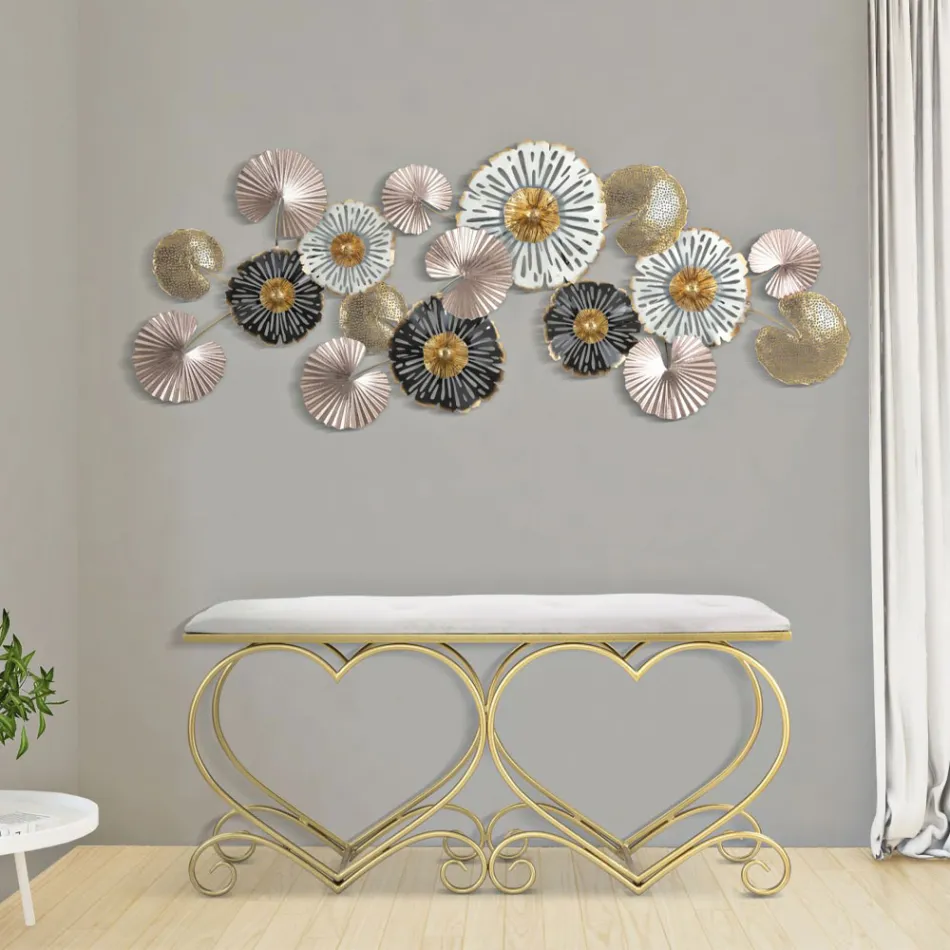 Banco em Ferro Dourado com Assento Acolchoado e Forro em Tecido - Alchimia Viadurini