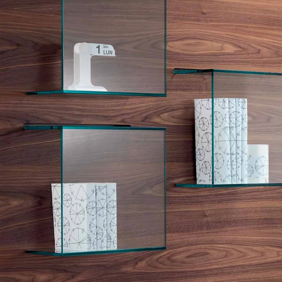 Painel de parede em madeira de nogueira Canaletto e prateleiras de vidro 2 tamanhos - manjericão Viadurini