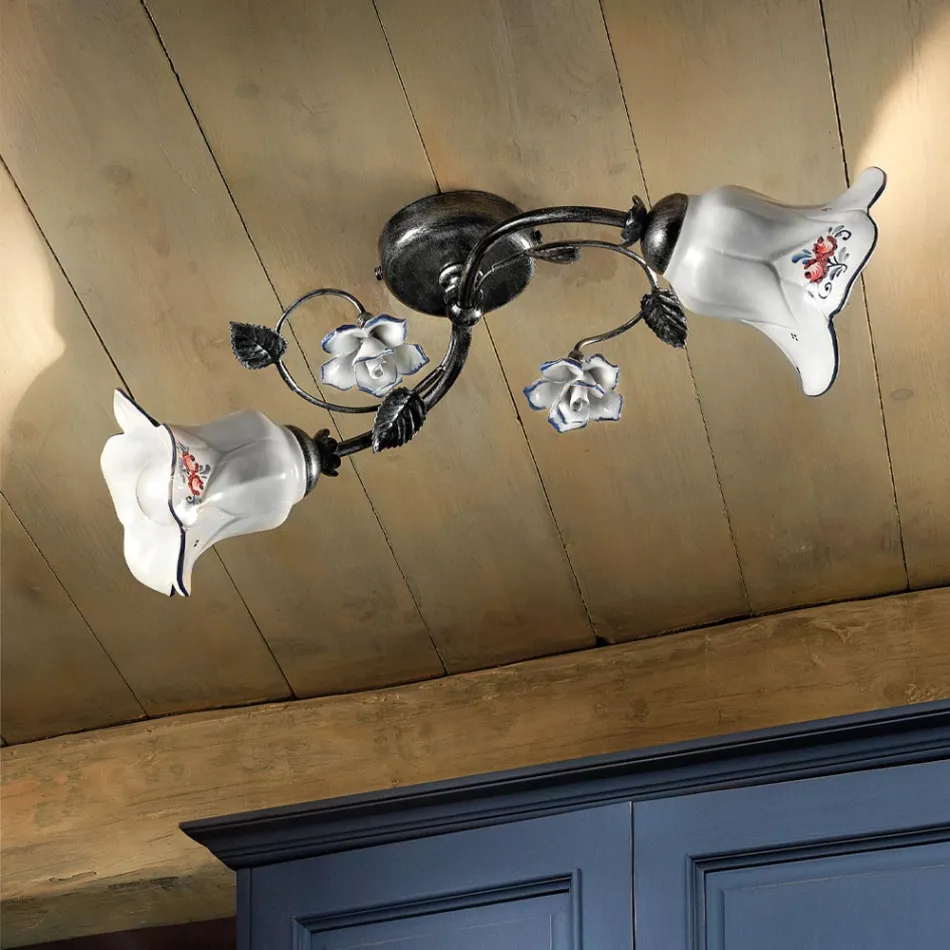 Lâmpada de Teto 2 Luzes em Metal e Cerâmica com Rosas Pintadas à Mão - Pisa Viadurini